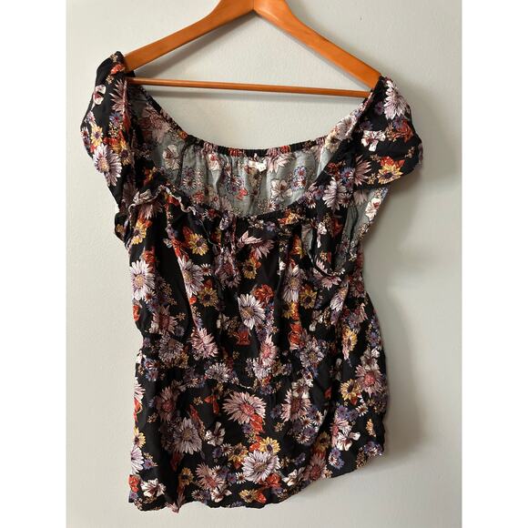 Maurices Women’s 1X Black Floral Boho Peasant Blouse Smocked Waist - Picture 1 of 4